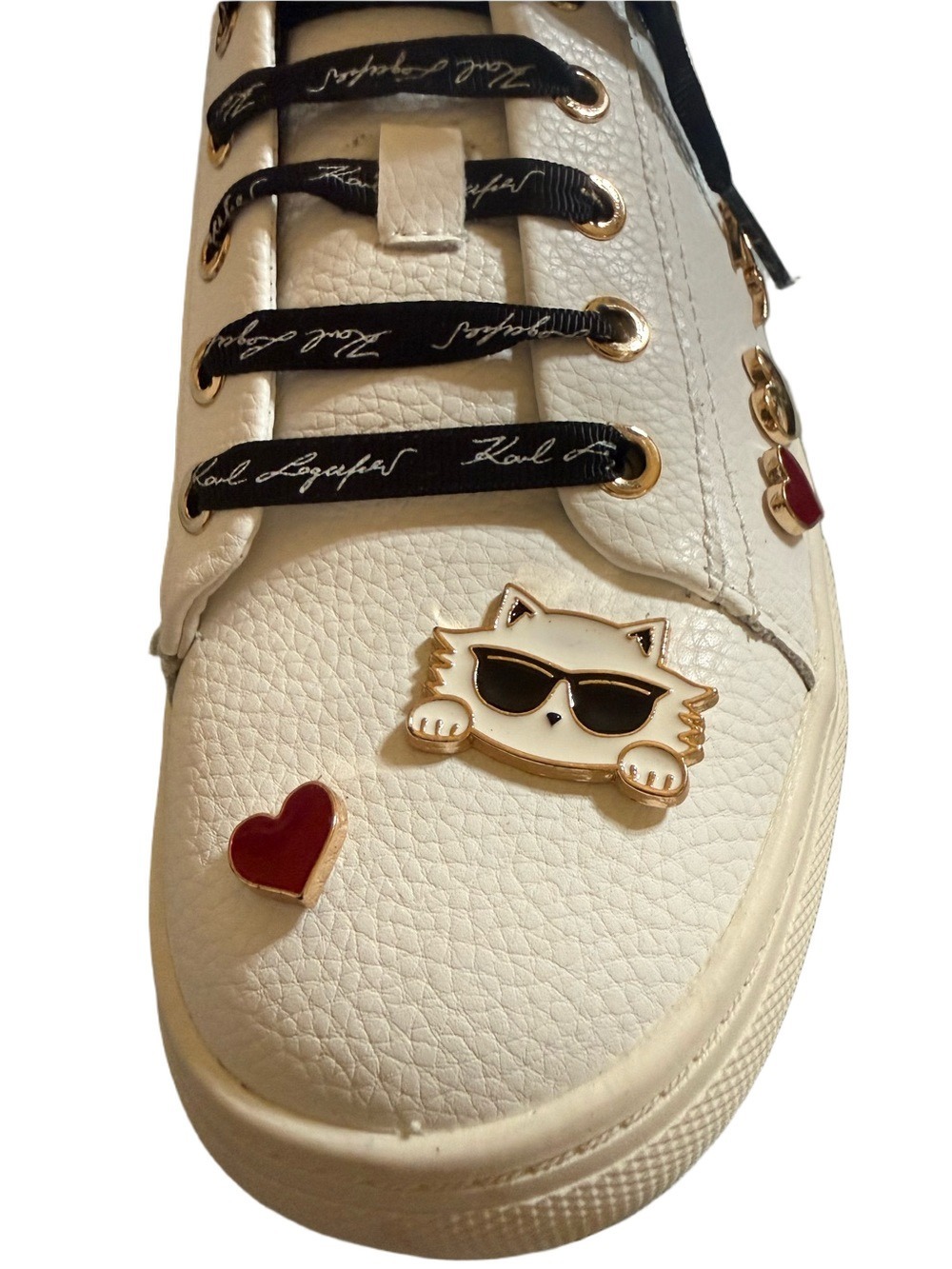 Karl Lagerfeld White Leather Sneaker with Black Laces and Gold & Red Charms - Picture 5 of 9